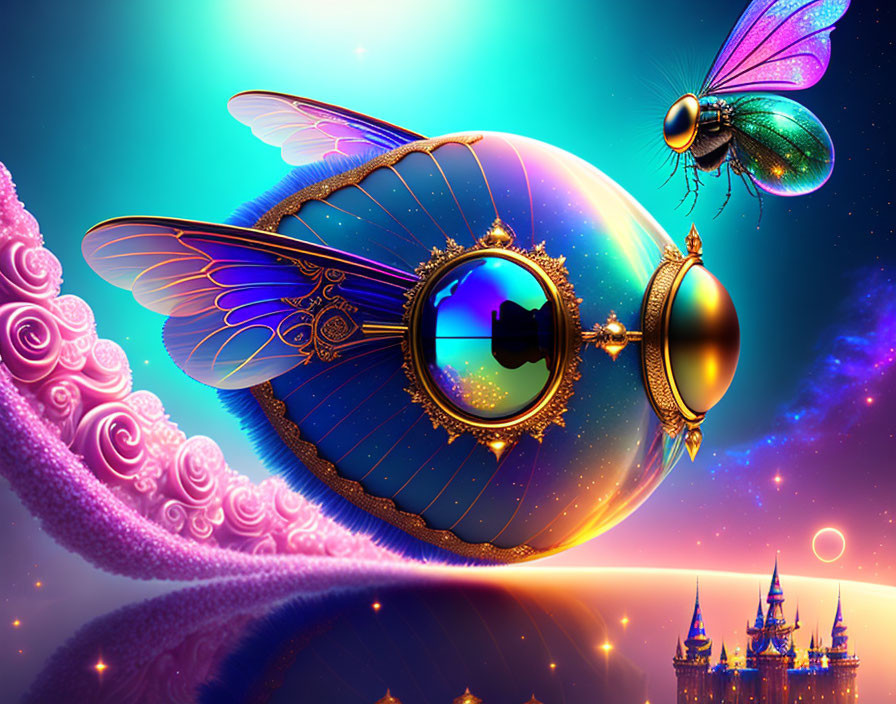 Whimsical digital art: Golden steampunk airship with butterfly wings, pink clouds, cast