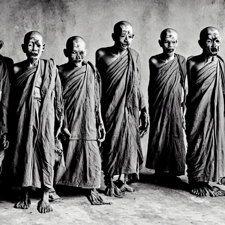 Preserved mummified monks in traditional robes against textured backdrop