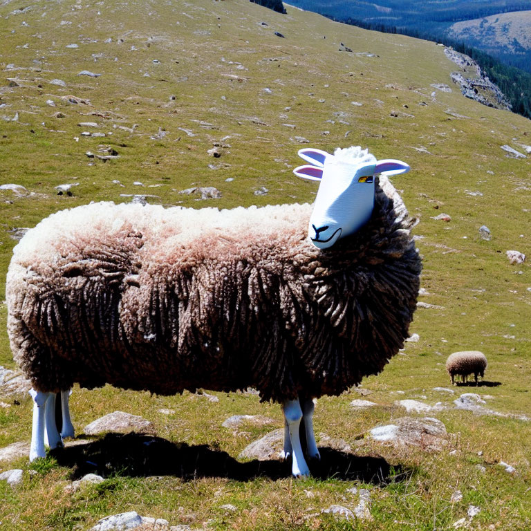 Stylized sheep sculpture in grassy field with rolling hills