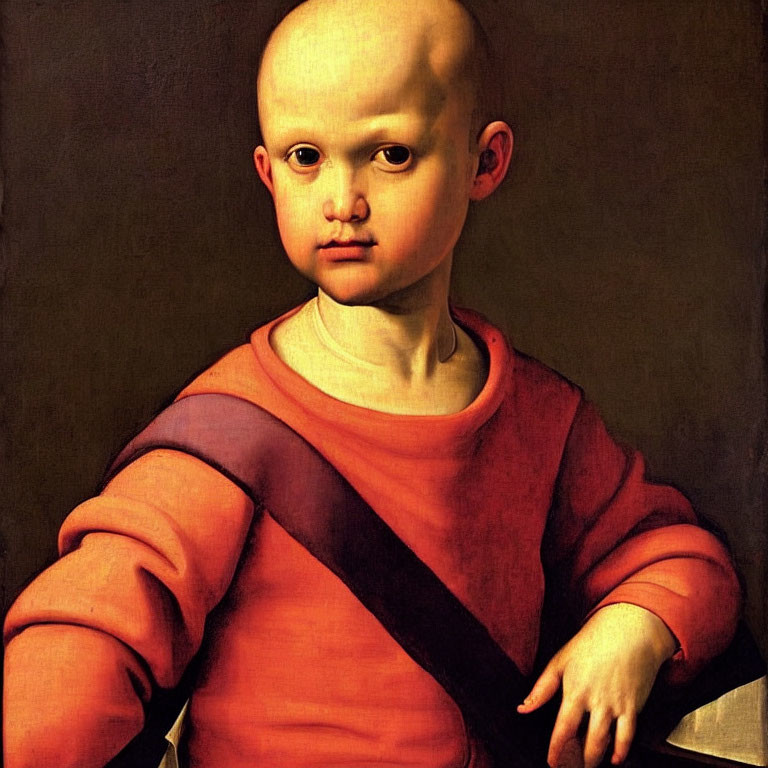 Portrait of child with bald head in red shirt and sash, solemn expression