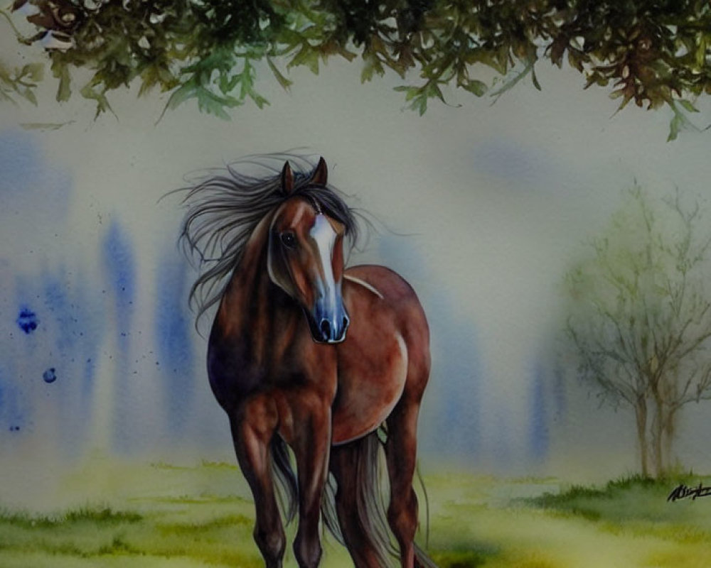 Brown Horse Standing Under Tree in Watercolor Art