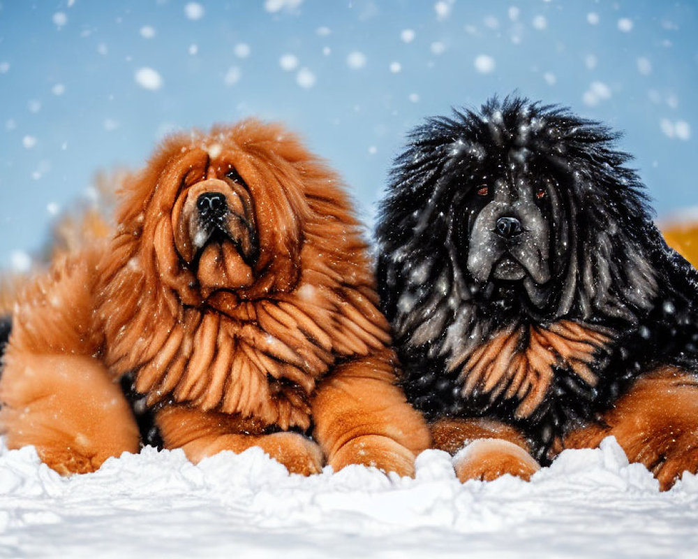 Two Tibetan Mastiffs Resting in Snowfall