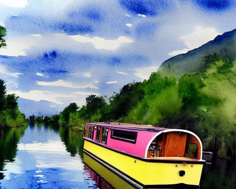 Colorful watercolor painting of yellow and pink narrowboat on serene river