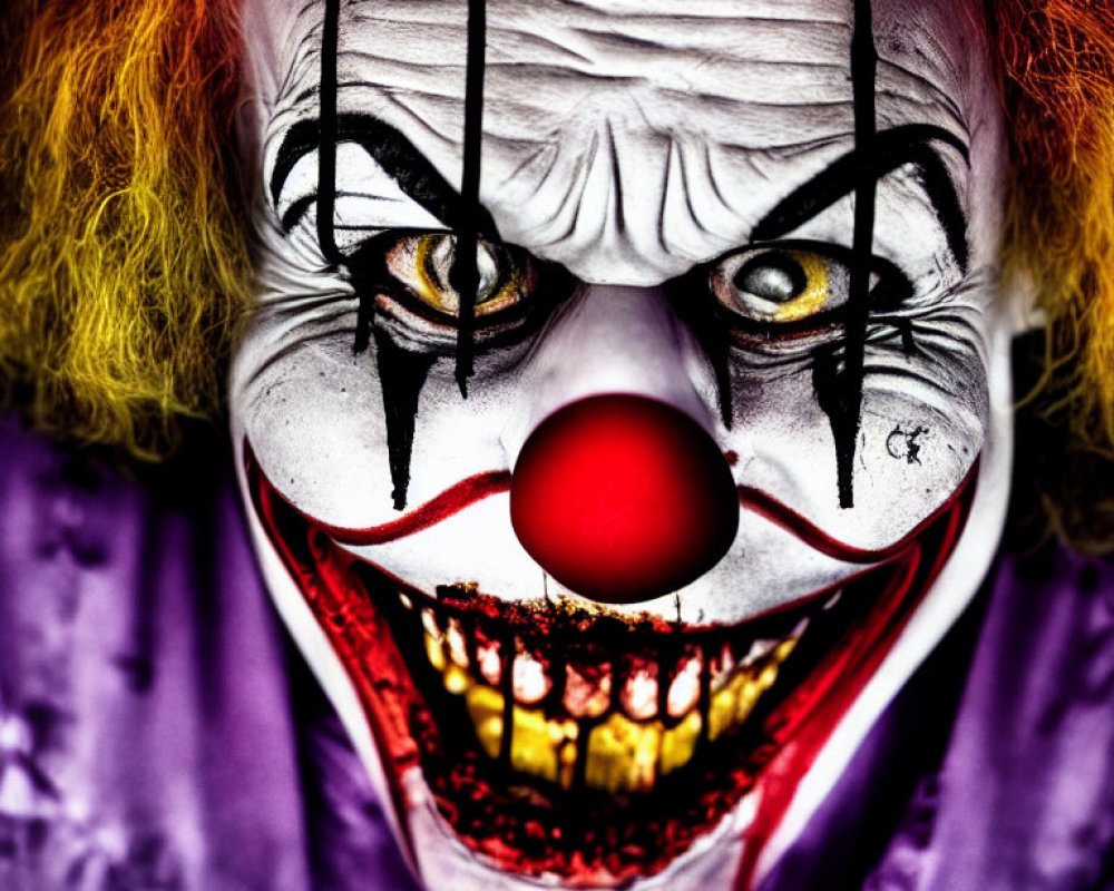 Detailed Close-Up of Sinister Clown with White Face Paint and Red Nose