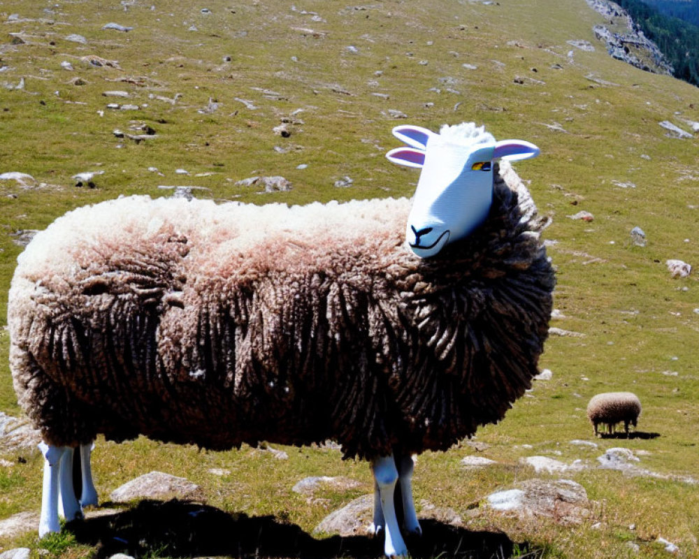 Stylized sheep sculpture in grassy field with rolling hills