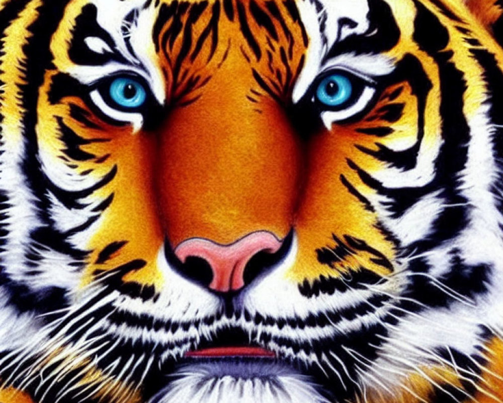 Detailed Image of Tiger's Face with Blue Eyes and Orange Fur