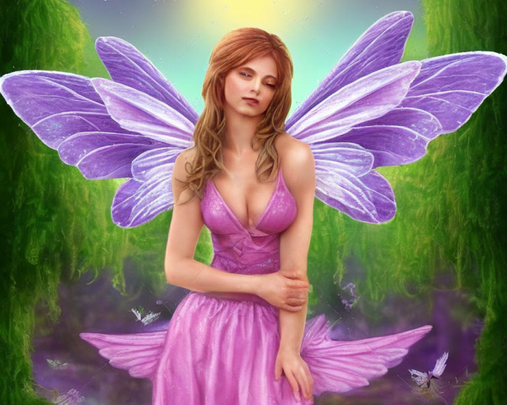 Purple-winged fairy in pink dress against mystical green backdrop with floating butterflies