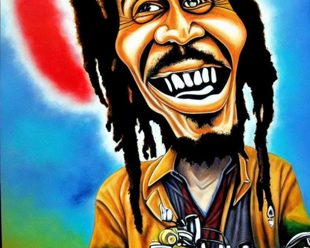 Vibrant caricature of a smiling man with dreadlocks on a motorcycle.