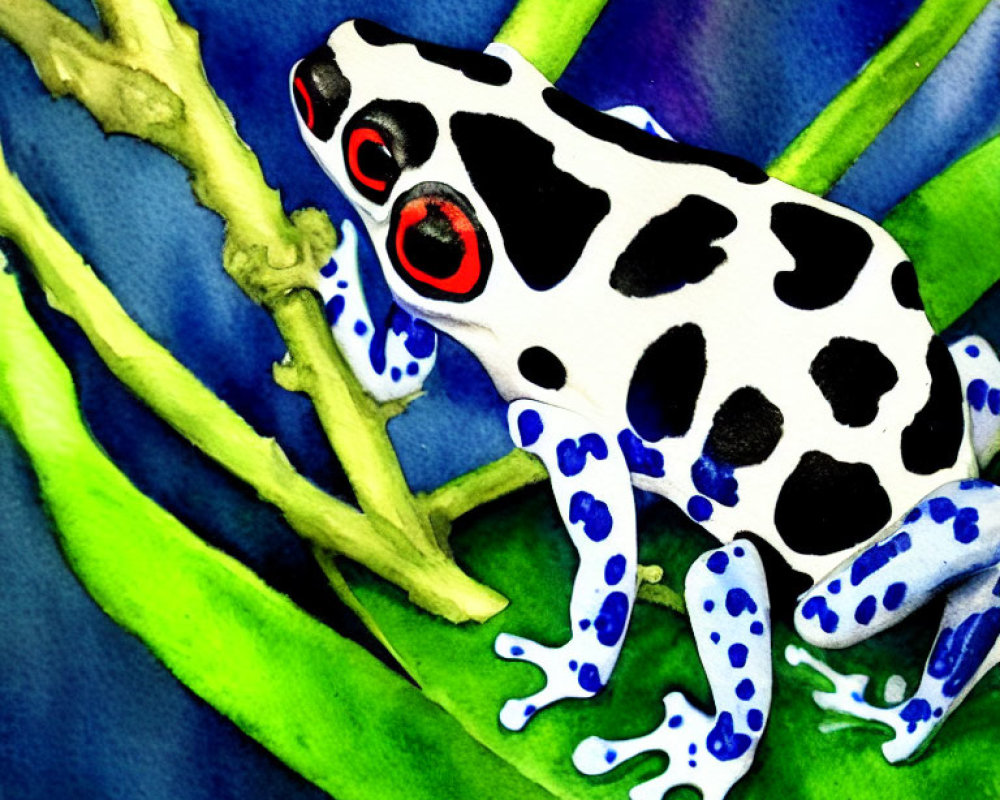 Detailed Watercolor Painting of Blue and White Frog with Red Eyes