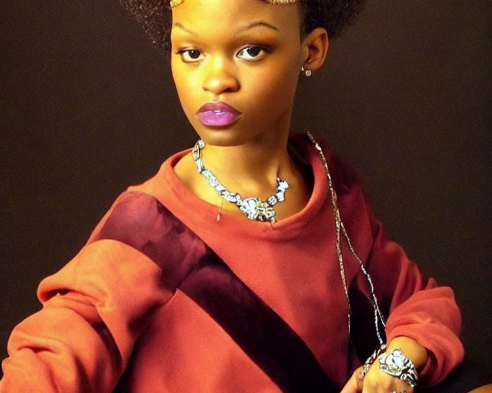 Person in decorative headpiece and red top poses confidently with purple lip color and jewelry on dark background