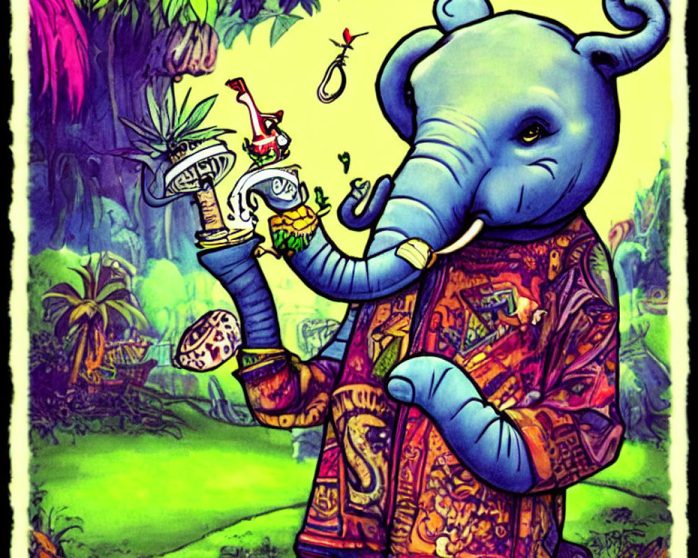 Colorful Jungle Scene: Elephant with Pizza and Drink in Patterned Shirt