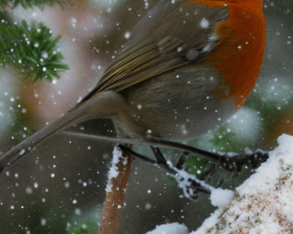 Robin on snowy branch with falling snowflakes