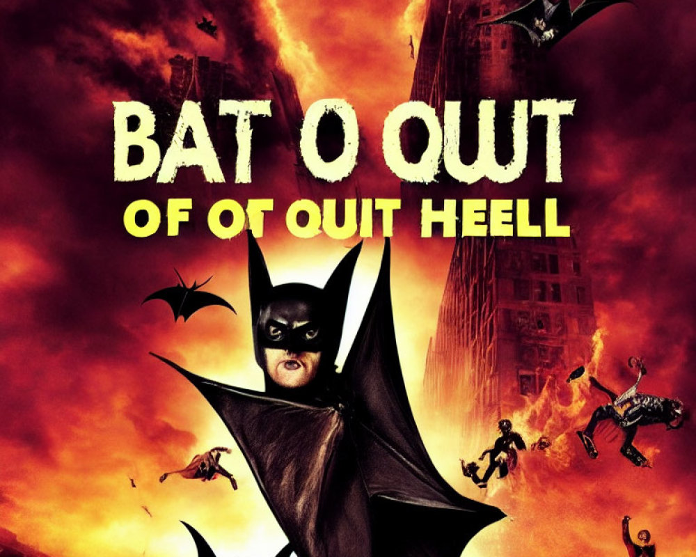 Poster: Batman-like figure, bats, fiery background, "BAT OUT OF HELL" text