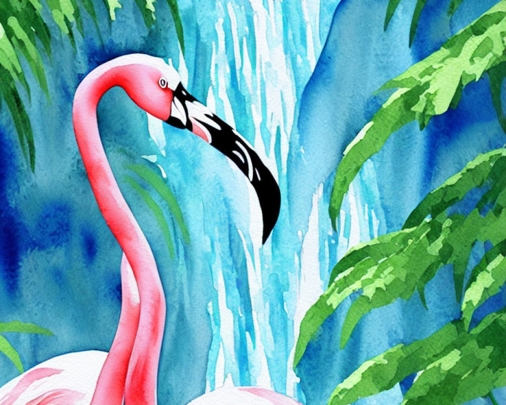 Colorful Watercolor Illustration of Pink Flamingo in Tropical Setting