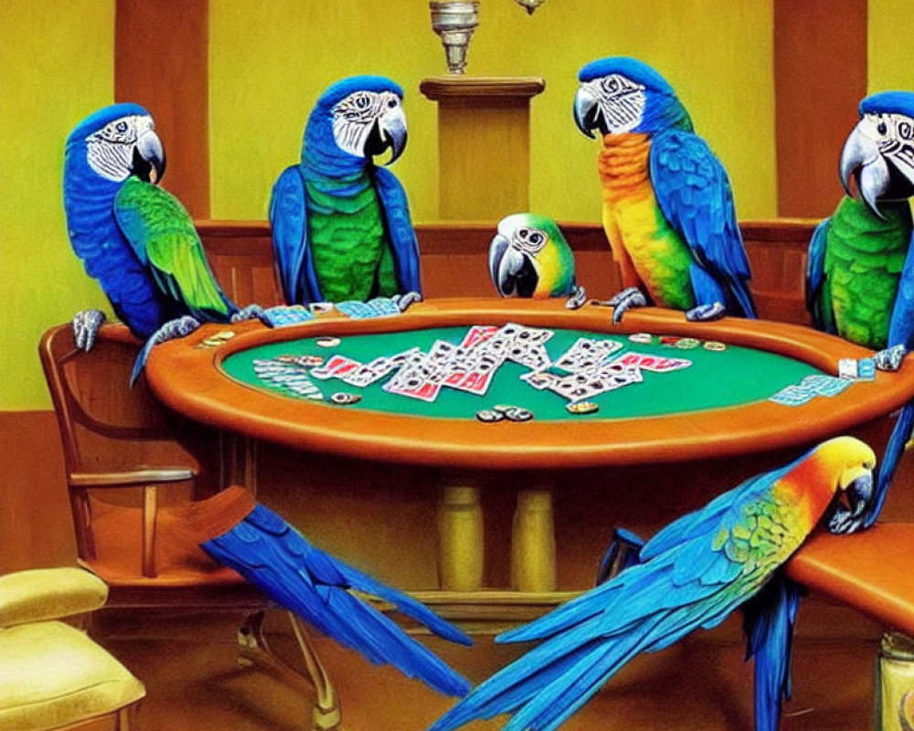 Colorful Parrots Playing Poker at Yellow Room Table