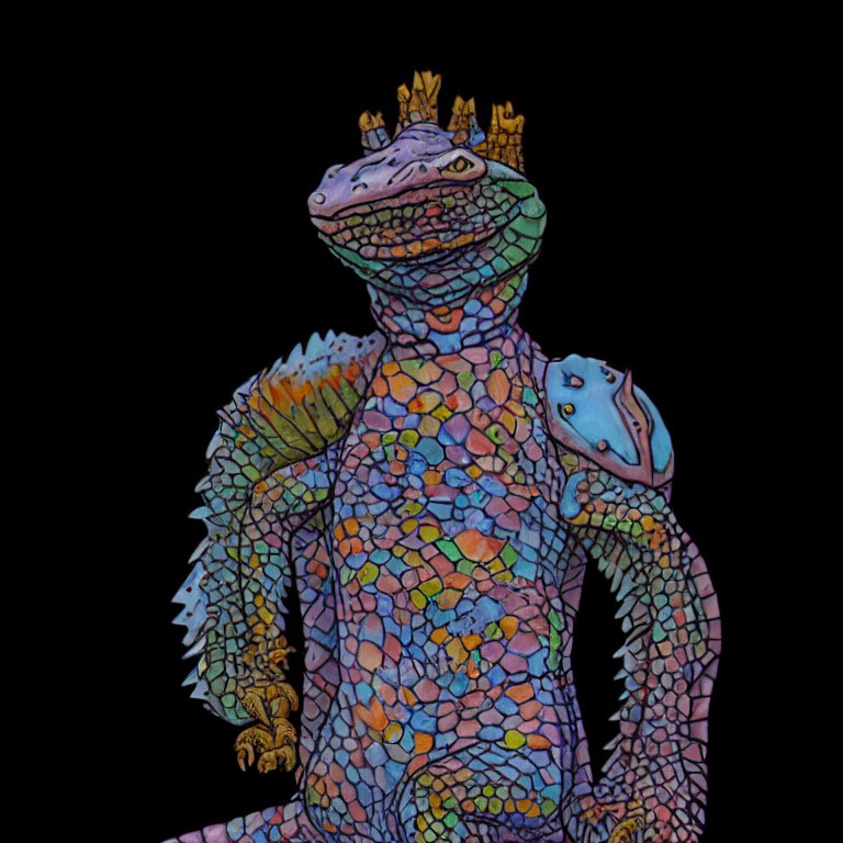 Illustrated multicolored anthropomorphic lizard with smug expression on black background