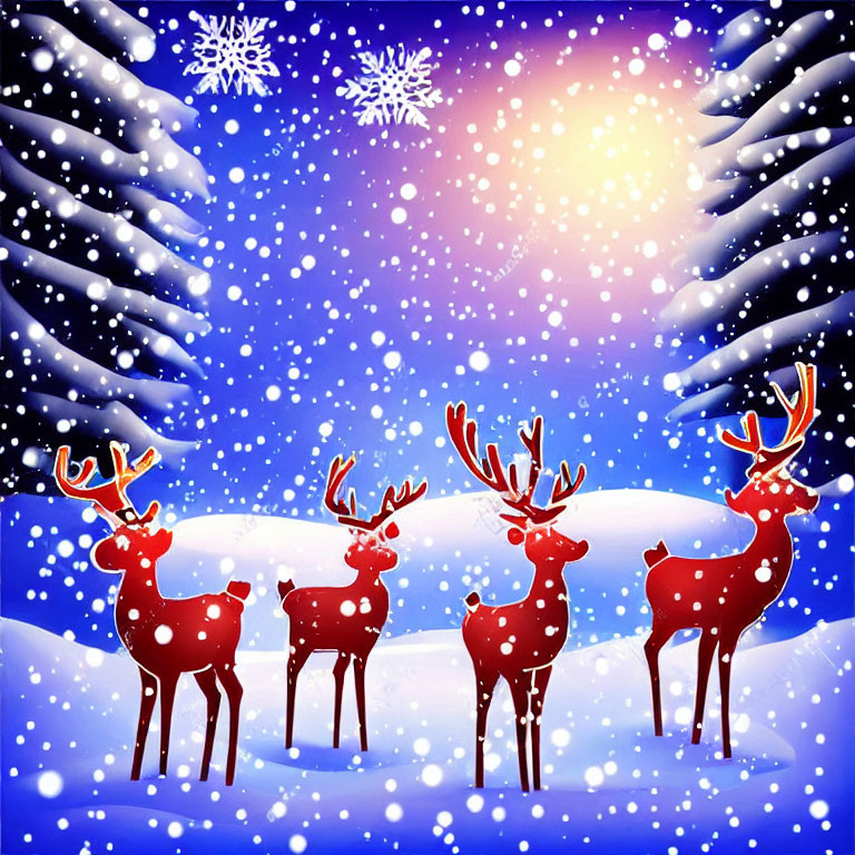 Vibrant illustration of red reindeer with glowing antlers in snowy scene