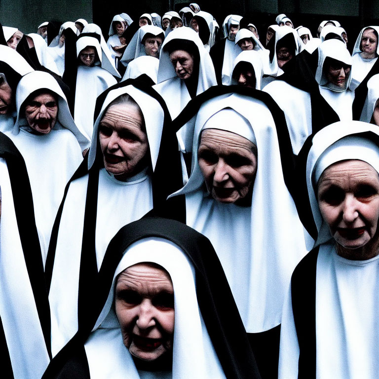 Group of nuns in traditional habits with varied expressions