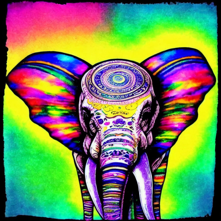 Colorful Elephant Artwork with Psychedelic Patterns and Rainbow Background