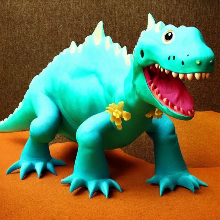 Toy Dinosaur with Yellow Flowers on Turquoise Body Against Brown Background