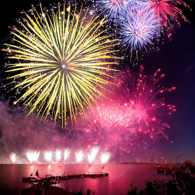 Colorful fireworks show above water with docks and onlookers.