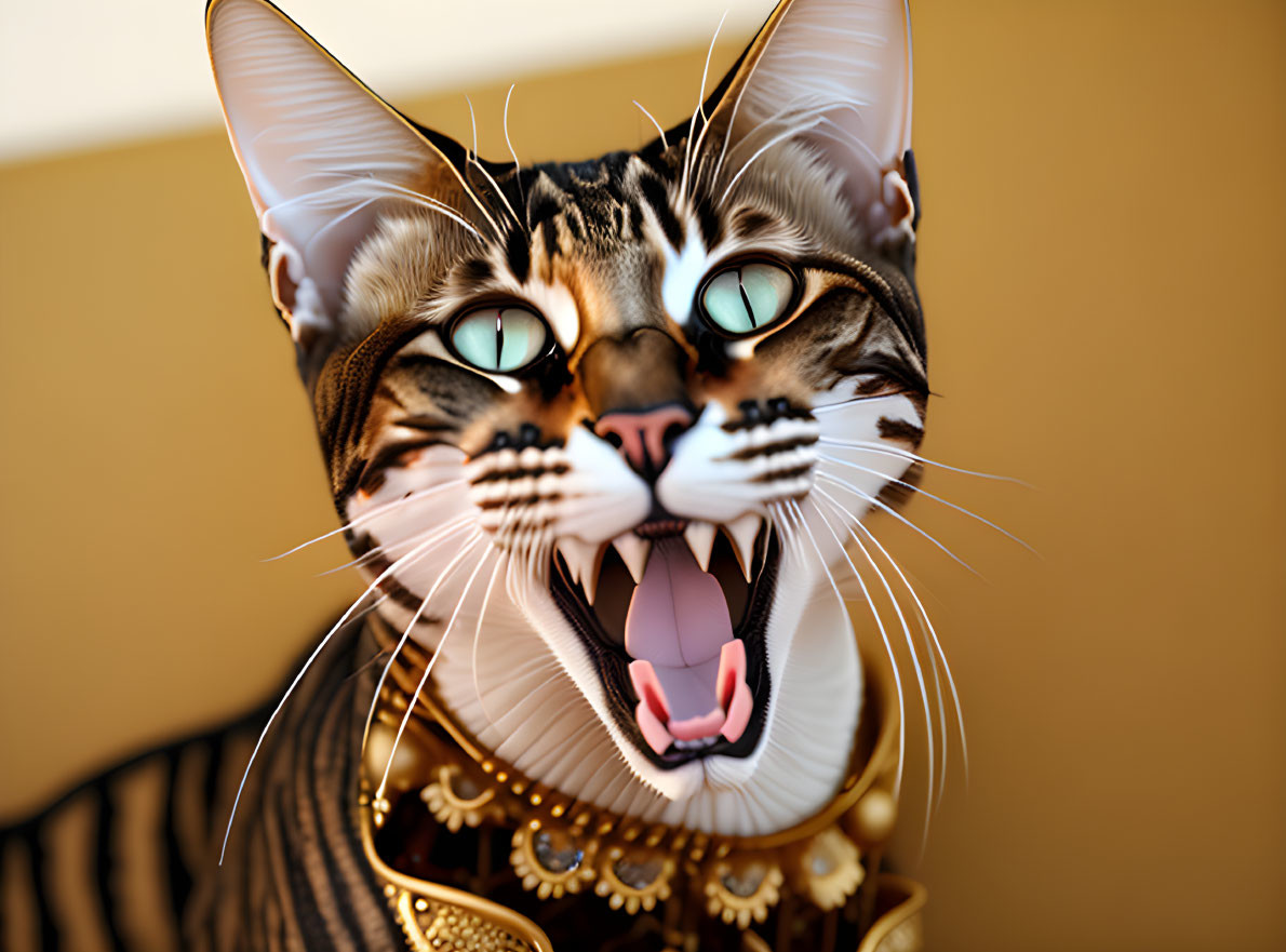 Tabby Cat 3D Render with Emerald Eyes and Gold Collar