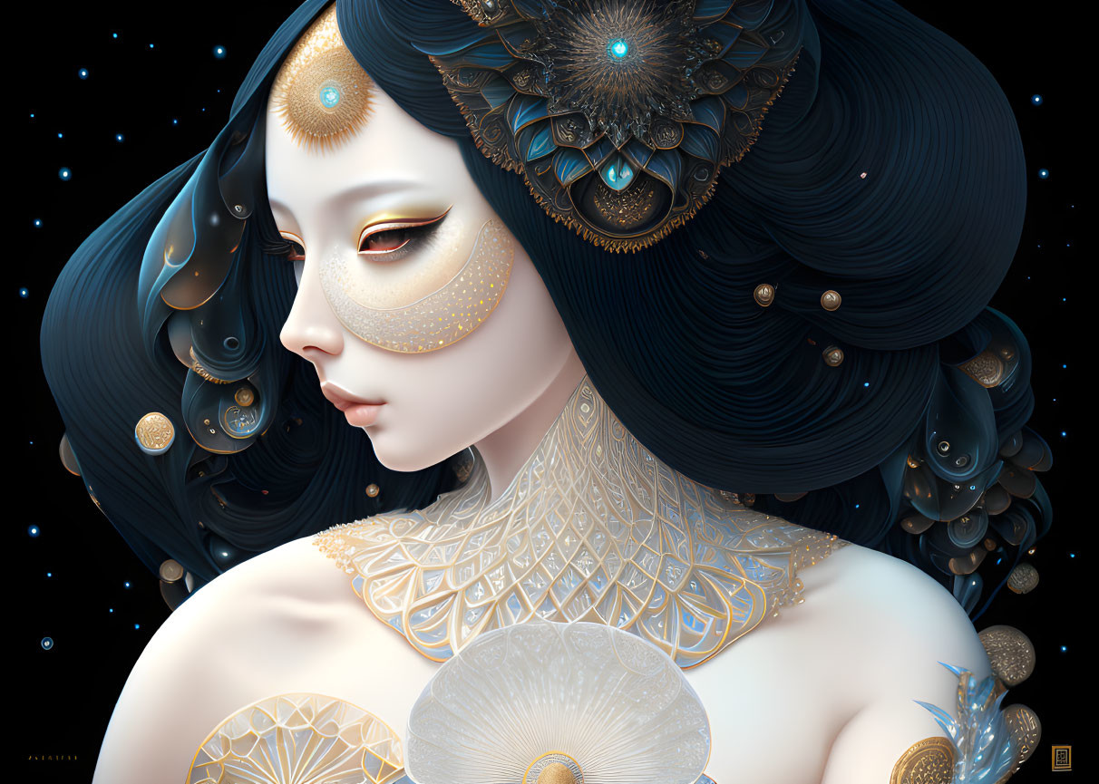 Digital artwork: Woman with dark hair, gold celestial motifs, pale skin, intricate golden designs on star