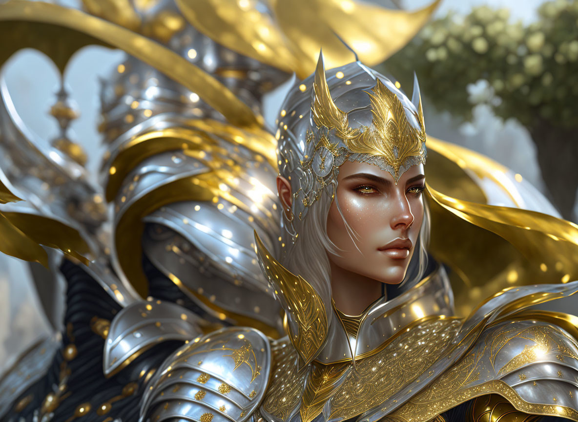 Female warrior portrait in golden armor against blurred background.