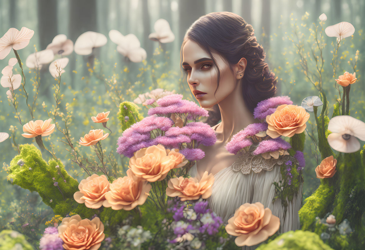 Woman adorned with flowers in mystical forest with oversized blooms