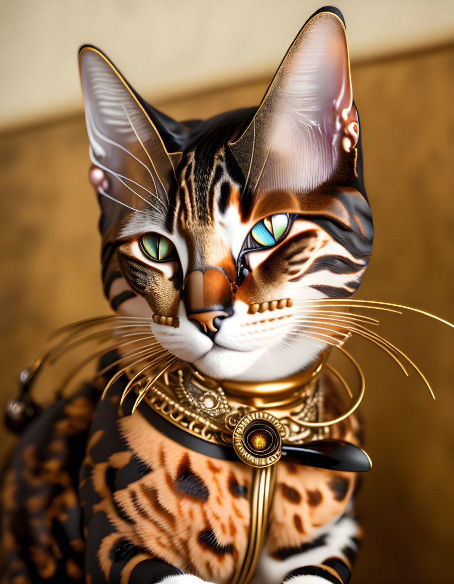 Stylized anthropomorphic cat art with intricate patterns and elegant jewelry.