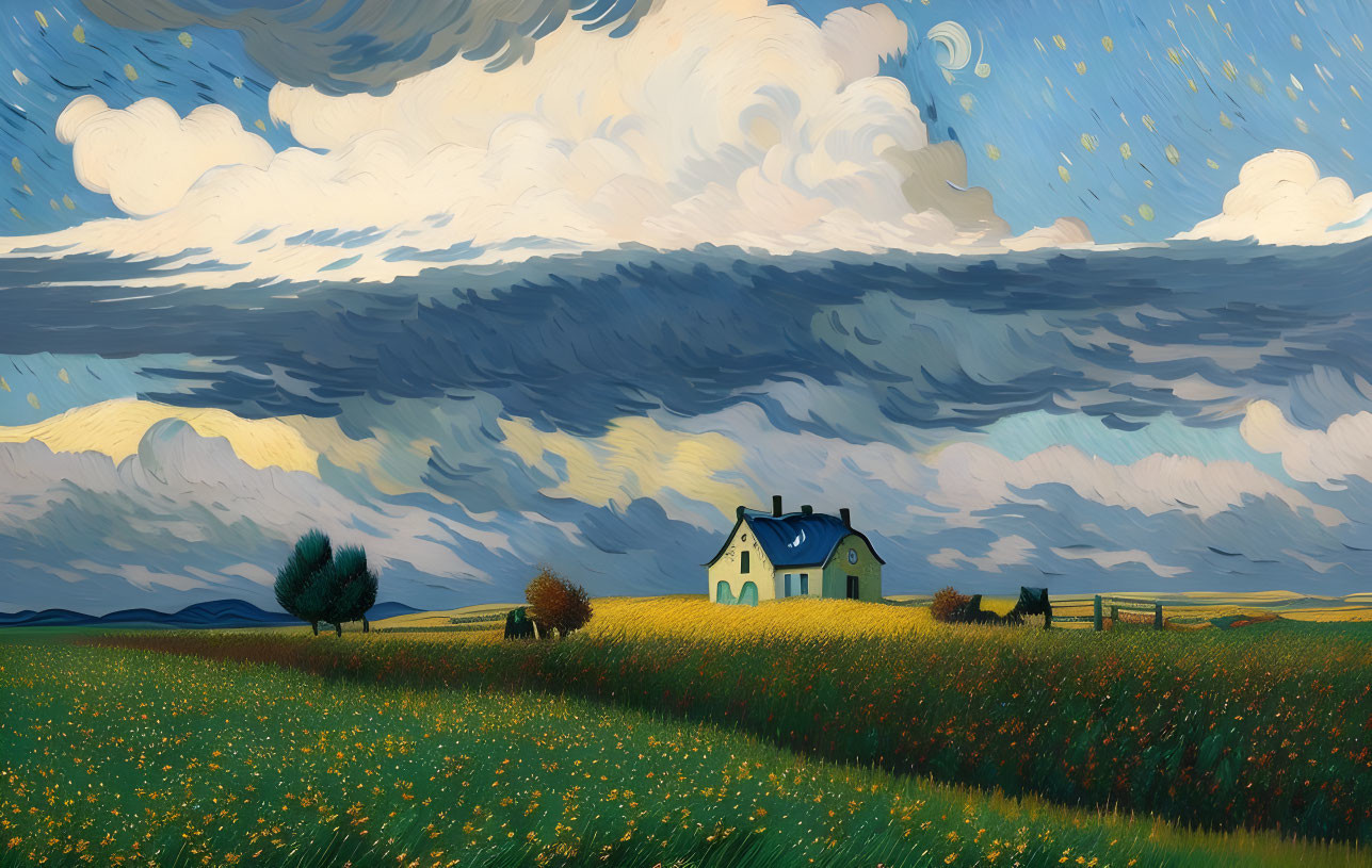 Vibrant Landscape with Solitary House and Dramatic Sky