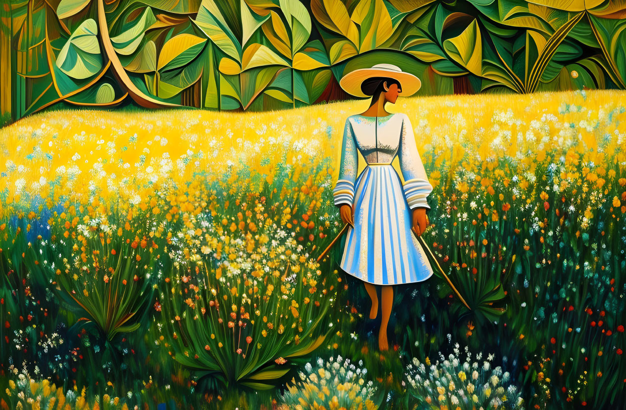 Colorful painting of woman in blue-and-white dress walking through vibrant field.