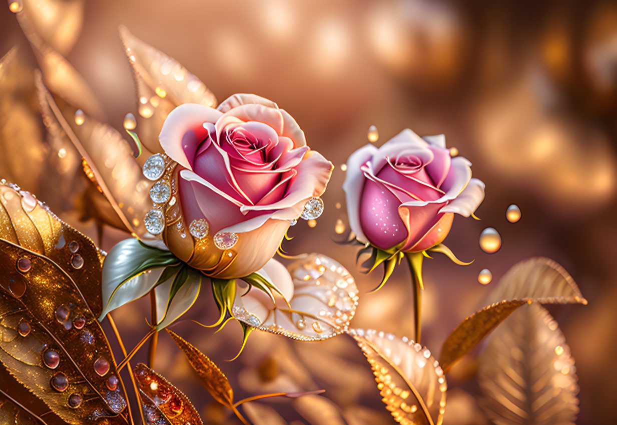 Digitally-rendered pink and cream roses with dewdrops on a sparkling background.