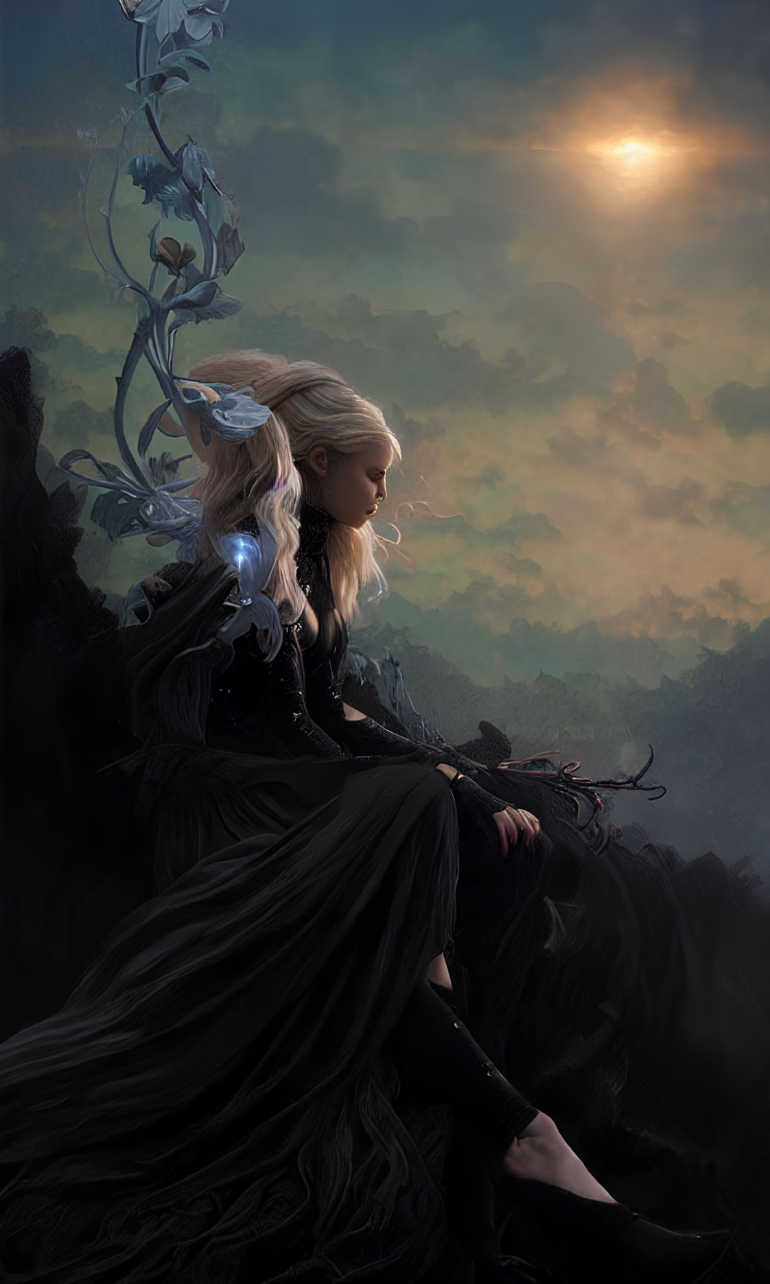 Blond-haired elf on gnarled branch in mystical forest at sunset