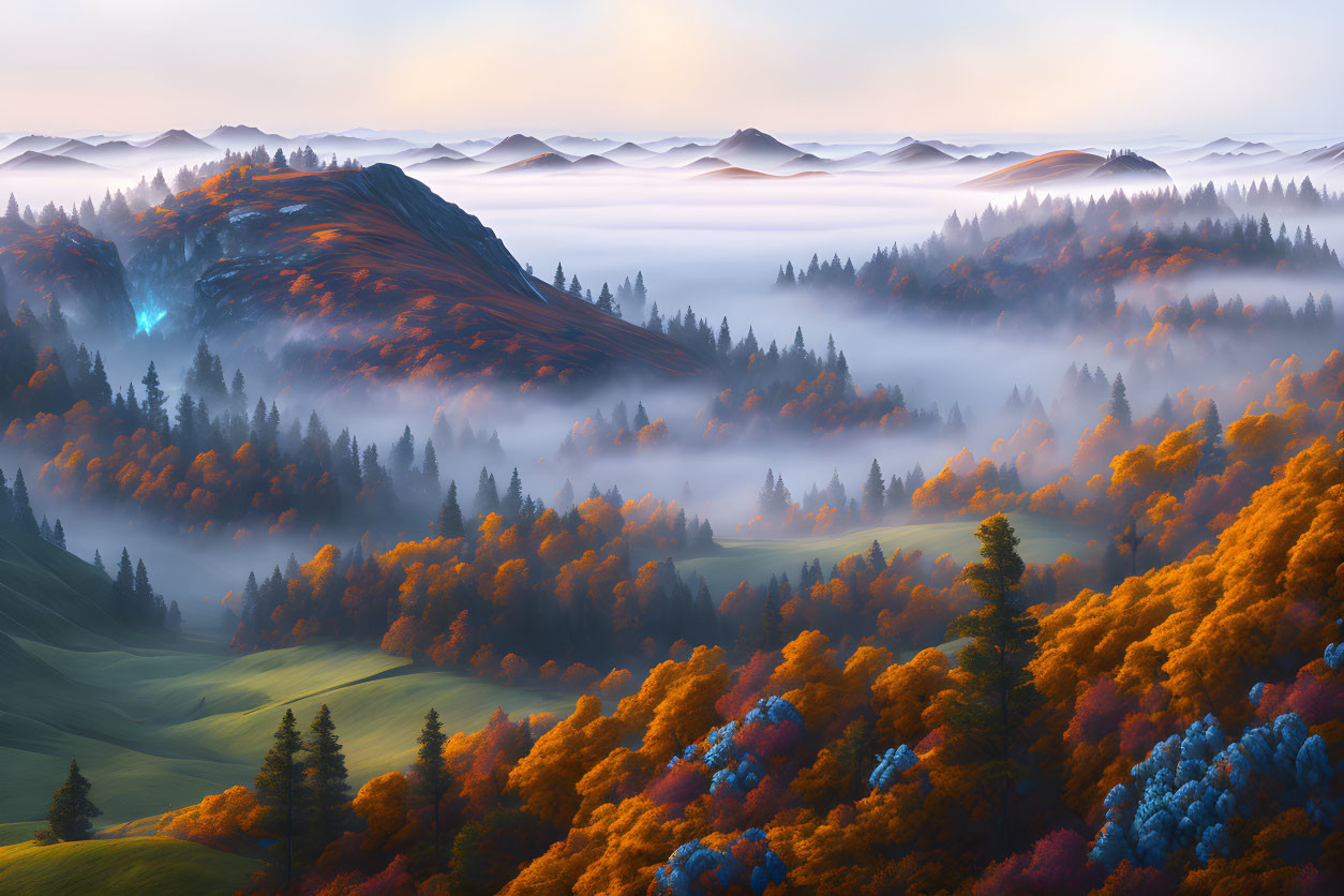 Autumn sunrise landscape: misty hills and foggy valleys.