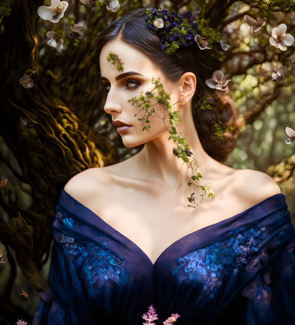 Woman in Blue Dress with Floral Face Paint in Enchanted Forest