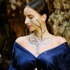 Woman in Blue Dress with Floral Face Paint in Enchanted Forest