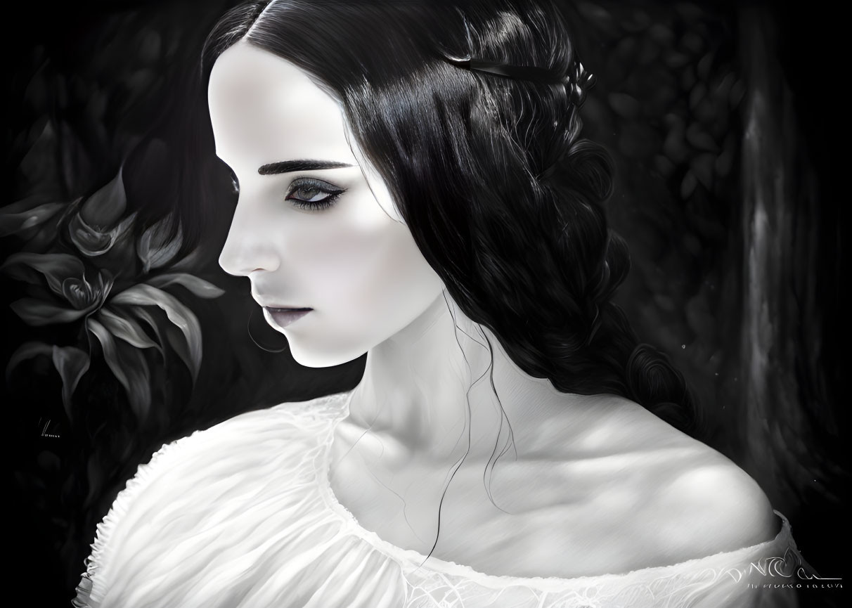 Greyscale digital artwork of a woman with dark hair and pale skin against floral black background