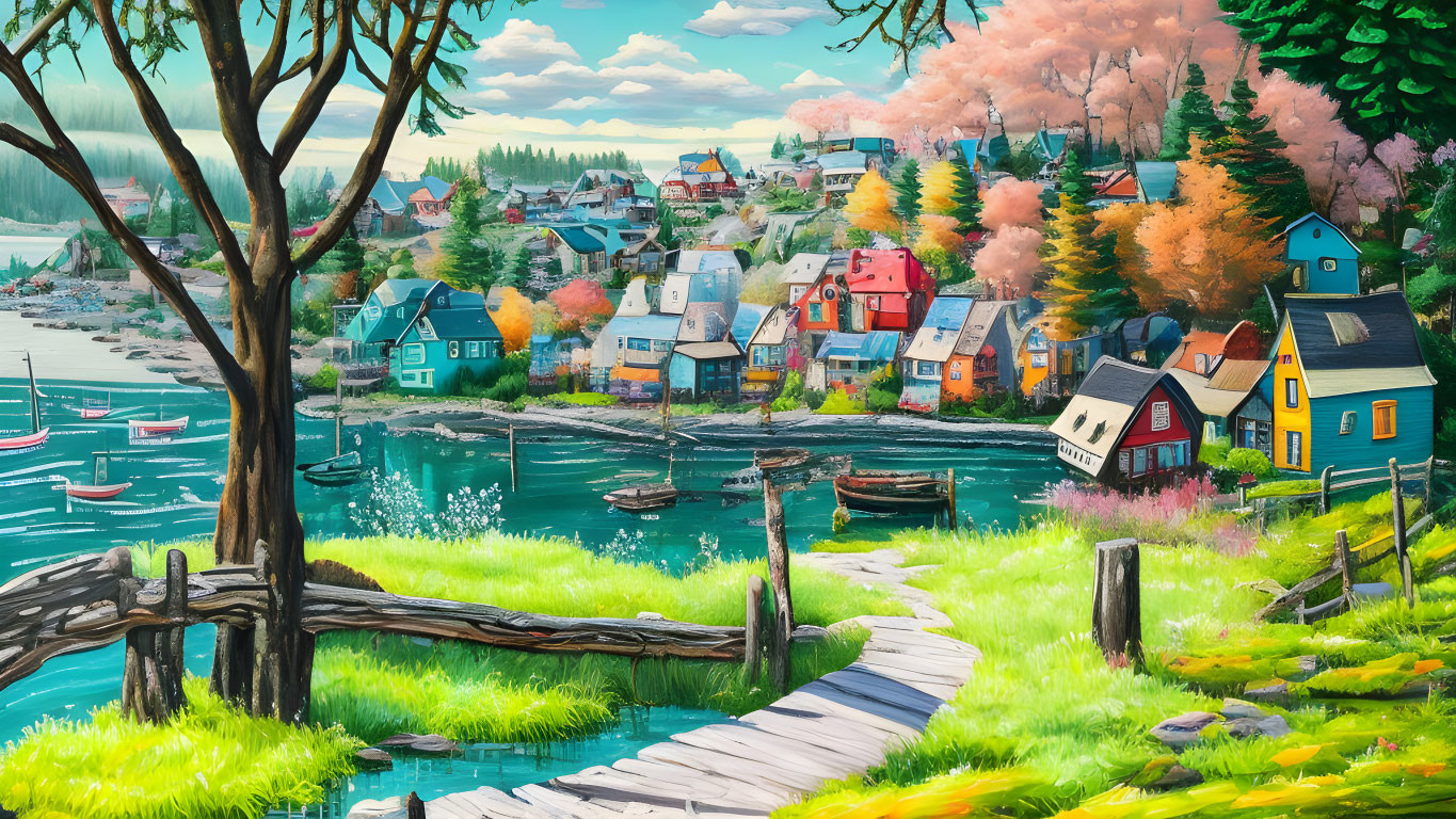 Colorful Coastal Village Painting with Boats and Greenery