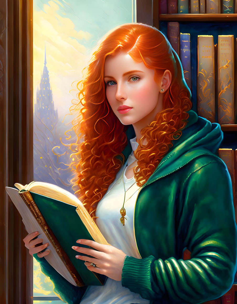 Red-haired woman in green hoodie reading book with castle and sunlight in background