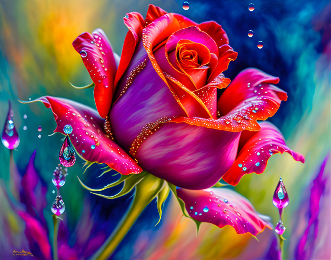 Colorful Rose with Water Droplets on Abstract Background