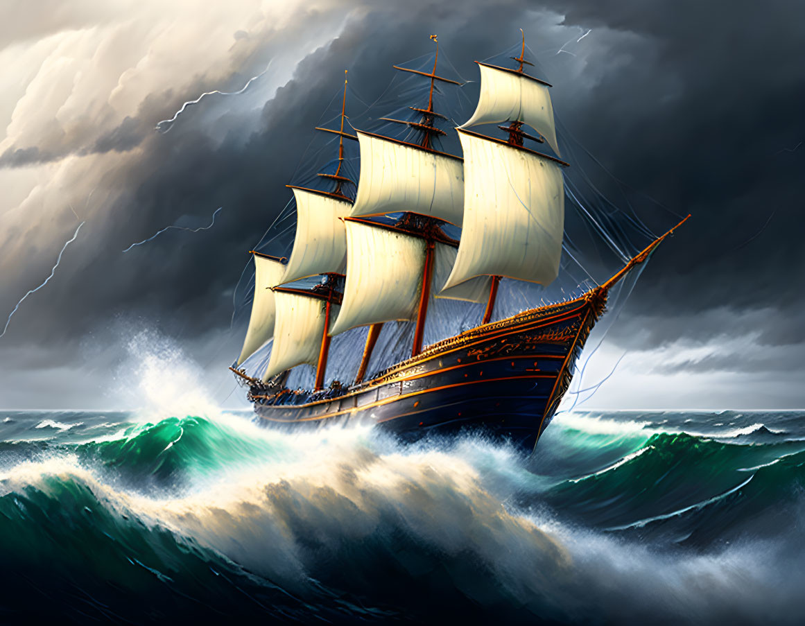 Sailing ship with billowing sails in stormy seas