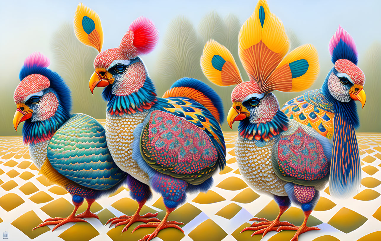 Colorful Stylized Roosters on Checkered Surface with Feather-like Background