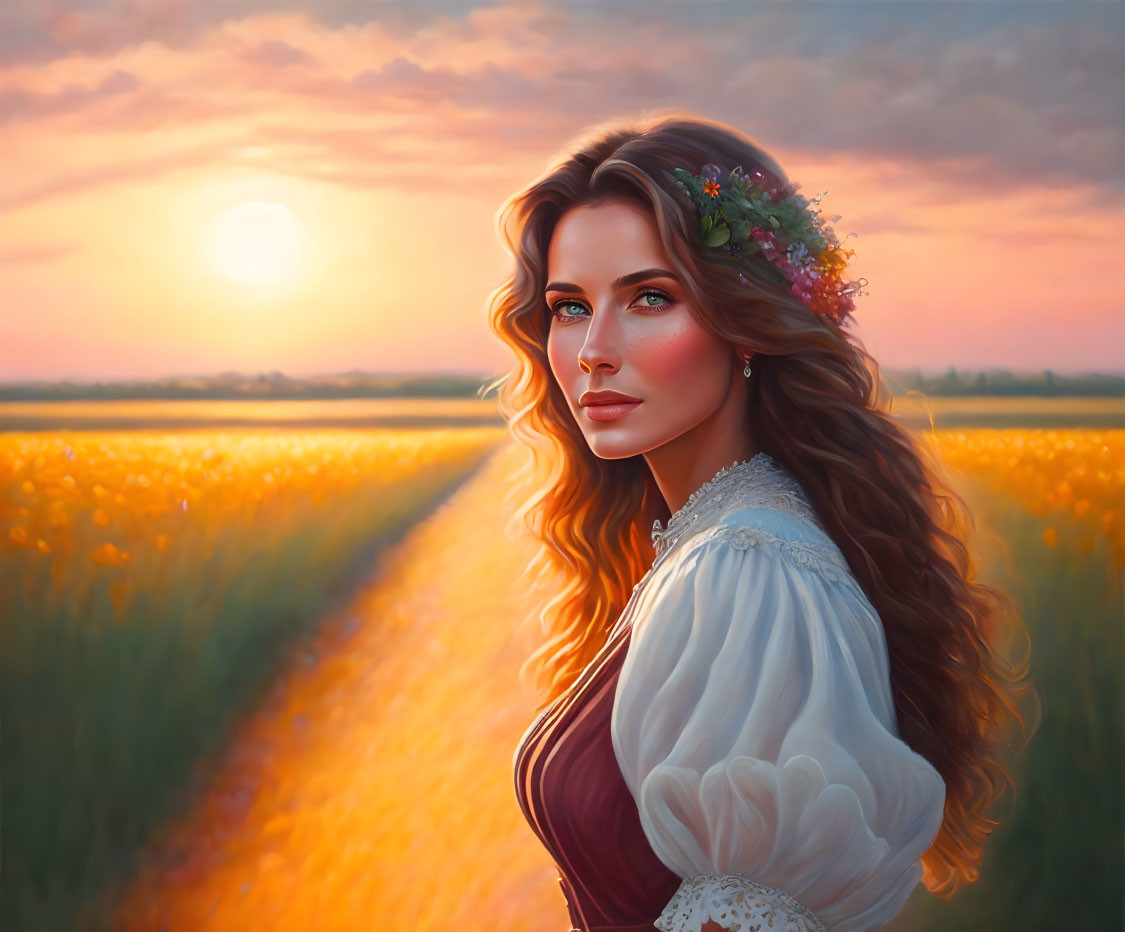 Floral headpiece woman in blooming field at sunset