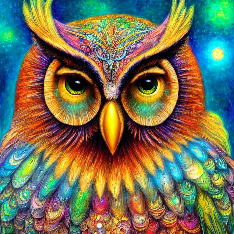 Colorful Owl Illustration with Vibrant Feathers and Yellow Eyes