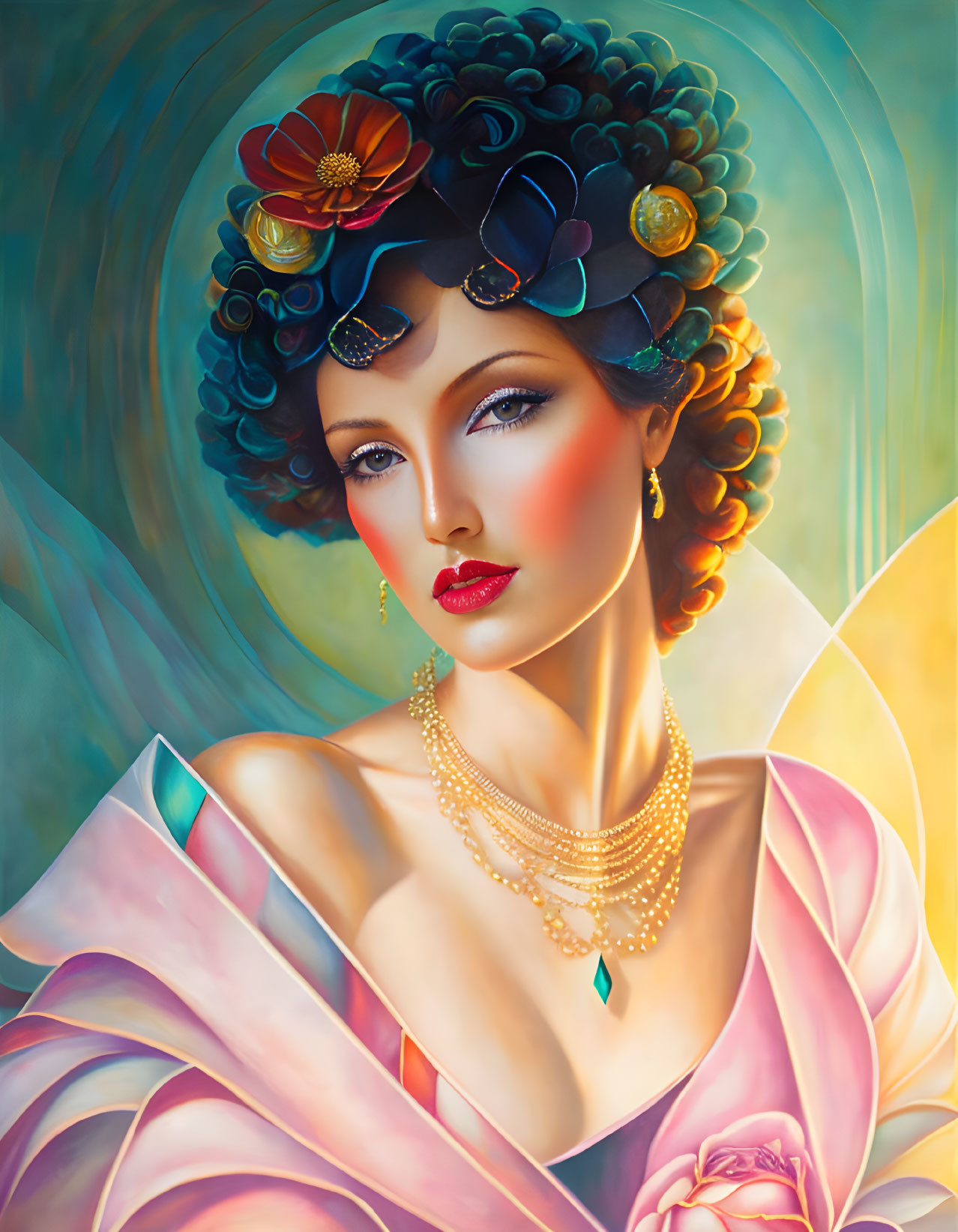 Stylized portrait of a woman with floral headdress and vibrant makeup