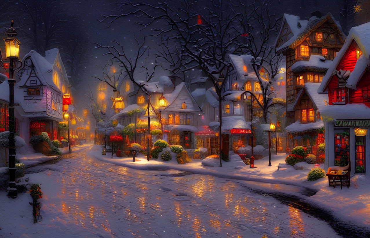 Snow-covered street with illuminated shops and houses at twilight