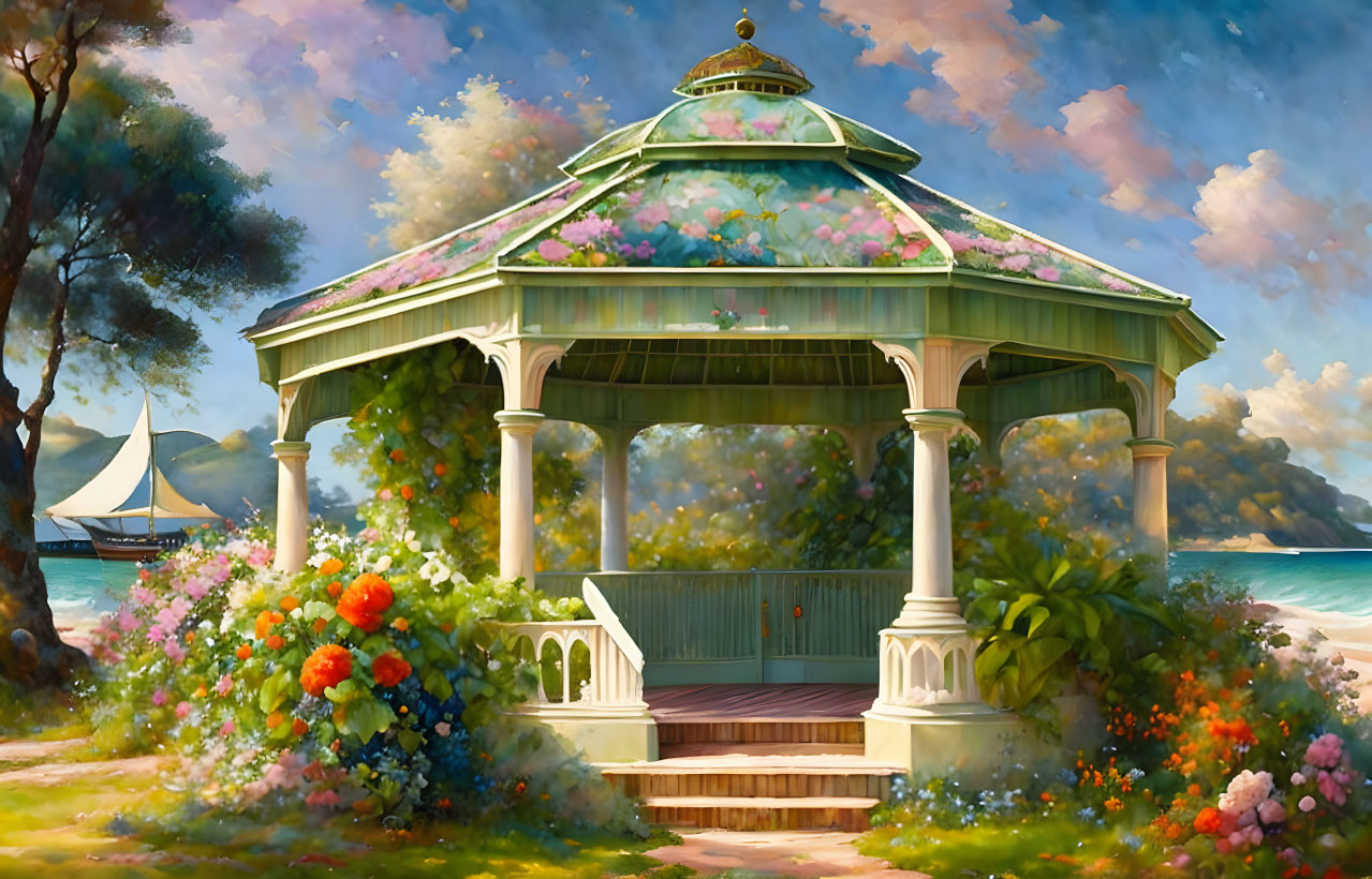 Victorian-style gazebo with sea view and sailboat, surrounded by lush flowers