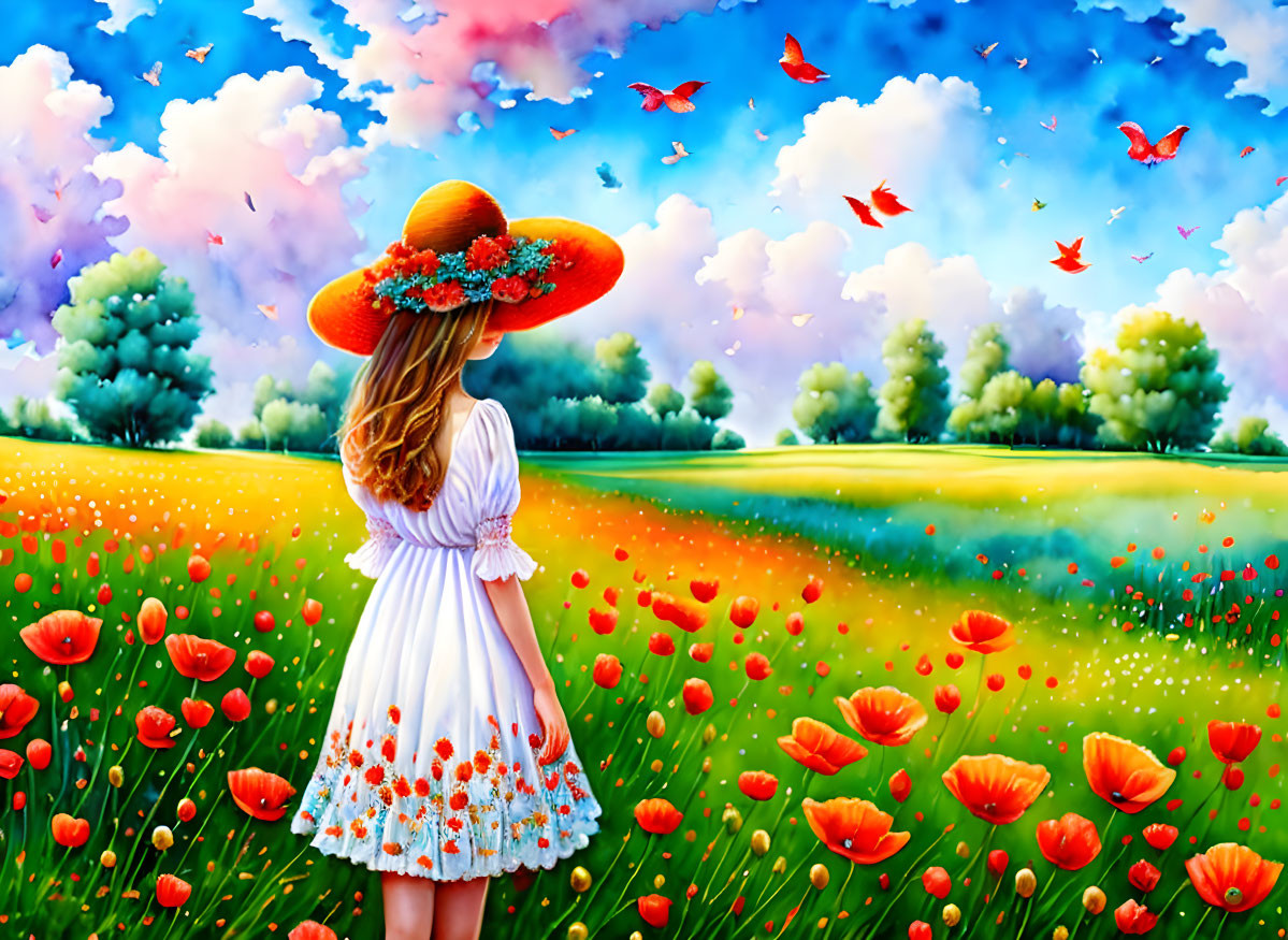 Woman in white dress and flower hat in vibrant poppy field with birds in colorful sky