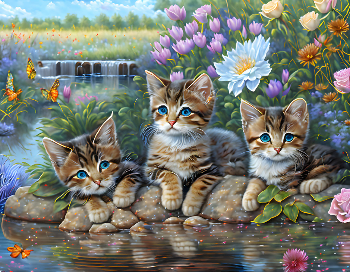 Three kittens with blue eyes by pond, colorful flowers, butterflies, small waterfall.